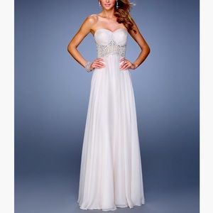 La Femme Champagne Embellished Semisheer Strapless Gown, size 4